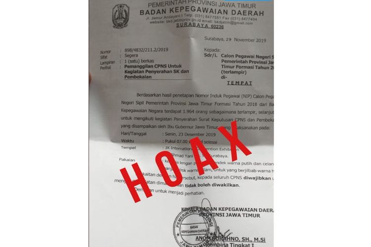 Surat hoaks yang mengatasnamakan BKD Jawa Timur.