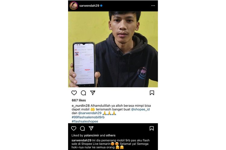 Sarwendah pun mengucapkan selamat kepada Endang Nurdin. Pemuda asal Kabupaten Tasikmalaya, Jawa Barat ini, memenangkan Totoya Avanza yang dijual saat Flash Sale Mobil 9RB.