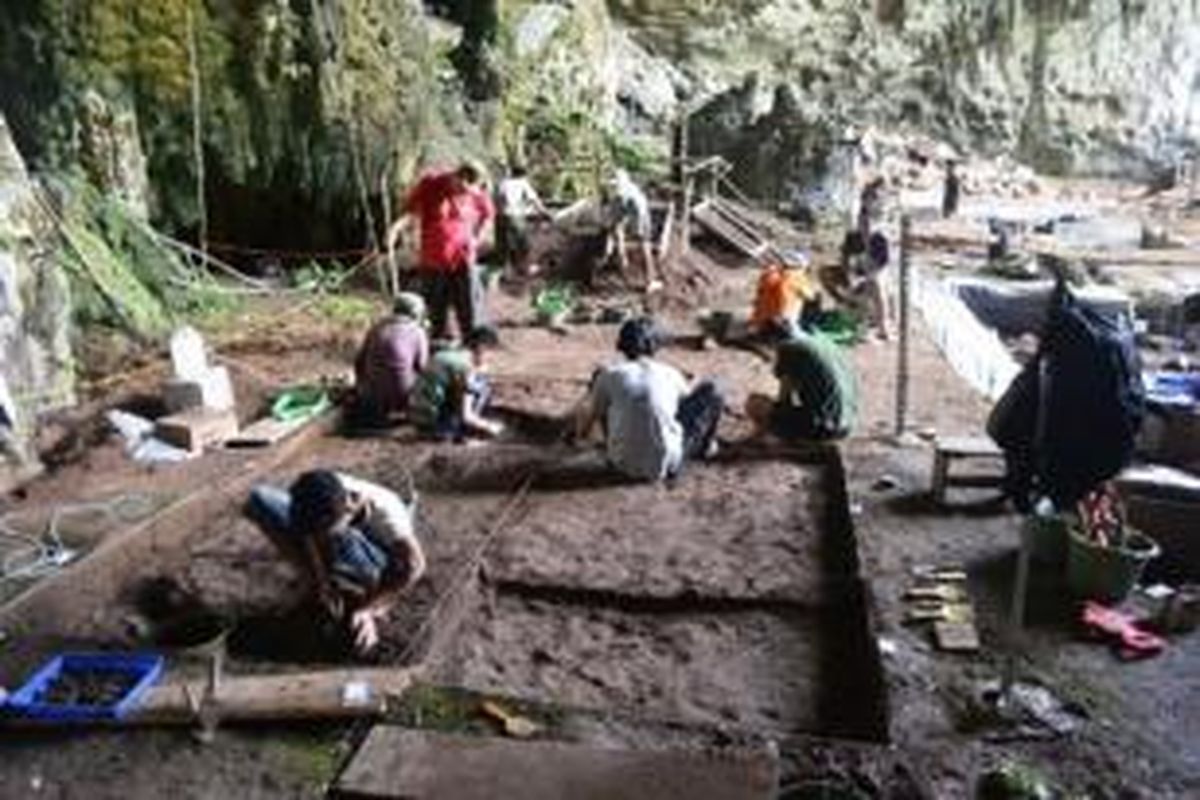 Tim arkeolog tengah meneliti Gua Harimau di Desa Padangbindu, Kecamatan Semidang Aji, Kabupaten Ogan Komering Ulu (OKU), Rabu (29/5/2013). 