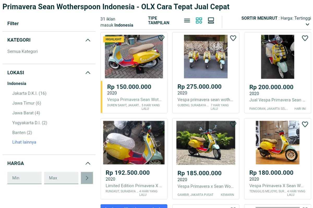 Vespa Primavera Sean Wotherspoon banyak dijual lagi dengan harga selangit