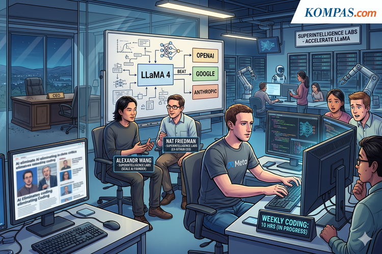 Ilustrasi meja kerja Mark Zuckerberg di lab riset Meta.