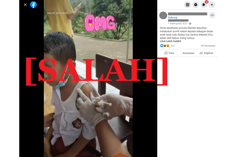Tangkapan layar unggahan hoaks di sebuah akun Facebook, tentang video seorang anak diklaim berasal dari suku Baduy luar yang kebal saat disuntik.