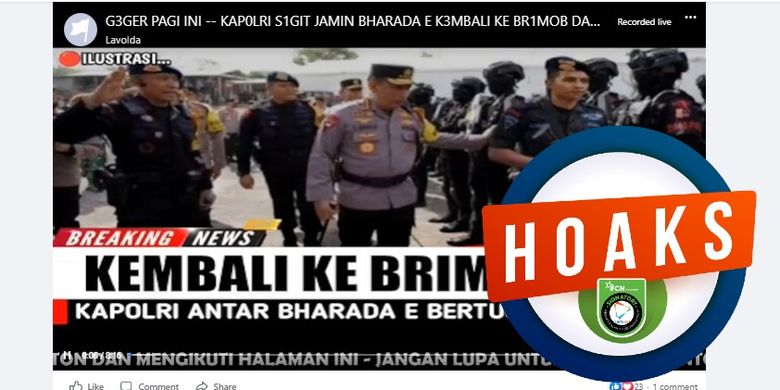 Tangkapan layar Facebook narasi yang menyebut bahwa Kapolri mengantarkan Bharada E bertugas ke Manado