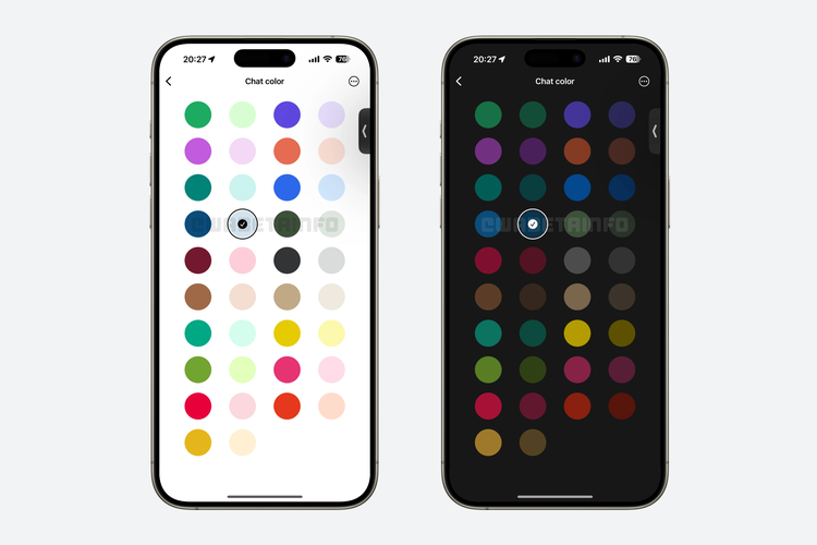 WhatsApp menambah 18 pilihan warna baru untuk tema obrolan, melengkapi 20 warna yang sudah tersedia sebelumnya. Total kini ada 38 kombinasi warna yang bisa dipilih untuk menyesuaikan tampilan gelembung chat dan wallpaper.
