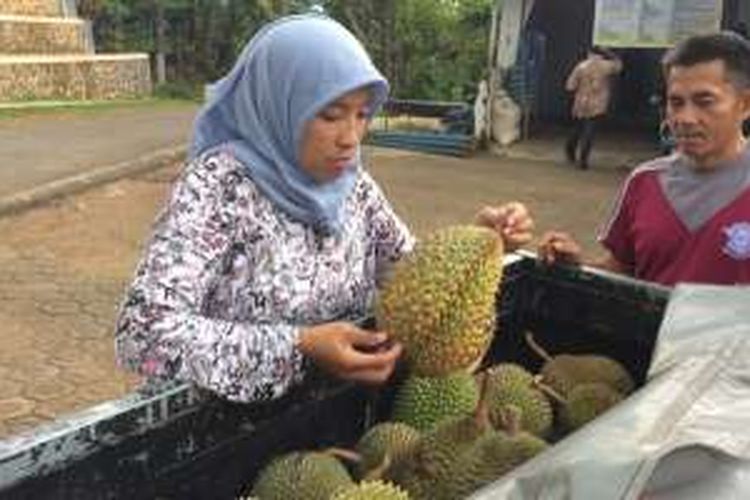 Seorang warga Desa Lemah Abang, Doro, Pekalongan, Jawa Tengah memilih buah durian.
