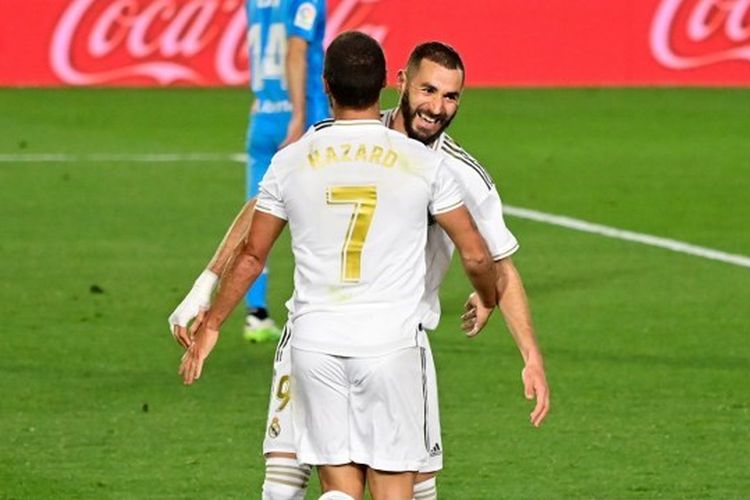 Karim Benzema, Eden Hazard dalam laga Real Madrid vs Valencia, Jumat (19/6/2020) dini hari WIB.