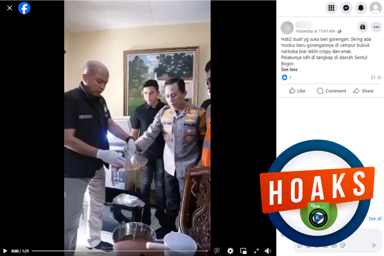 Tangkapan layar konten hoaks di sebuah akun Facebook, Kamis (23/5/2024), mengenai gorengan dicampur narkoba di Sentul, Bogor.