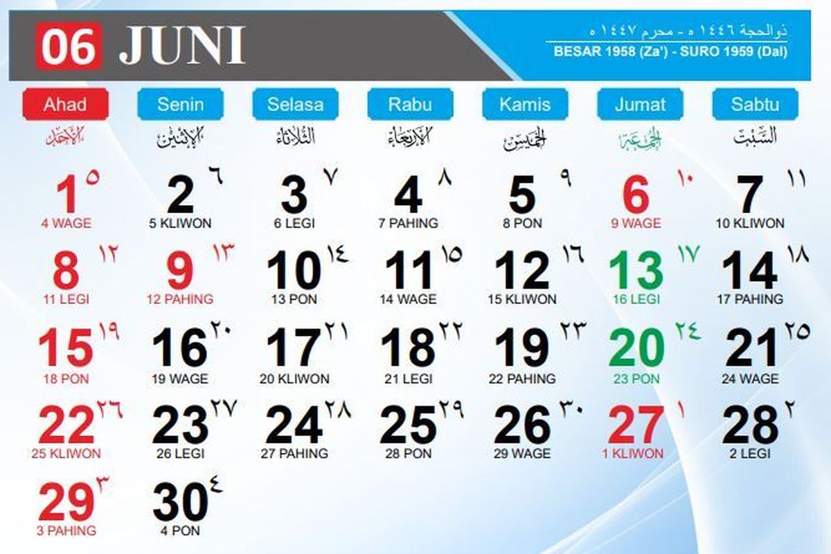 Kalender bulan Juni 2025. Kalender Jawa hari ini lengkap dengan weton dan penanggalan Hijriah.