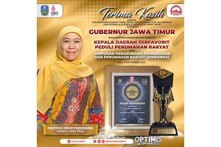 Gubernur Jawa Tengah Khofifah Indar Parawansa mendapat penghargaan Kepala Daerah Terfavorit Peduli Perumahan Rakyat.