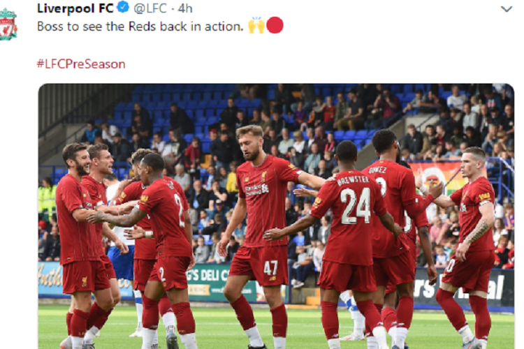 Liverpool menang telak 6-0 atas Tranmere Rovers pada laga pramusim di Prenton Park, 11 Juli 2019. 