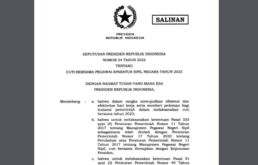 Tangkapan layar Keputusan Presiden (Keppres) 24/2022 tentang Cuti Bersama Pegawai ASN Tahun 2023