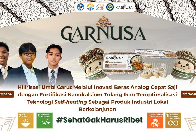 Poster tim Swasembada Universitas Airlangga (Unair) dalam menciptakan inovasi GARNUSA, beras analog cepat saji dari umbi garut dan tulang ikan. 
