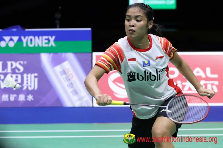 Gregoria Mariska Tunjung saat berhadapan dengan Akane Yamaguchi (Jepang) di babak semifinal Piala Sudirman 2019 di Guangxi Sports Center, Nanning, China, Sabtu (25/5/2019).