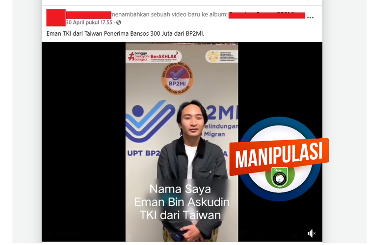 Tangkapan layar Facebook video TKI mengaku mendapat bansos Rp 300 juta dari BPSMI