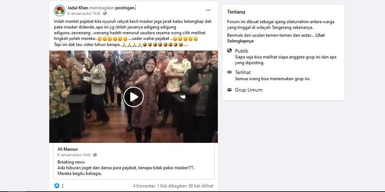 Tangkapan layar unggahan Facebook tentang video Risma joget yang disebut langgar protokol kesehatan