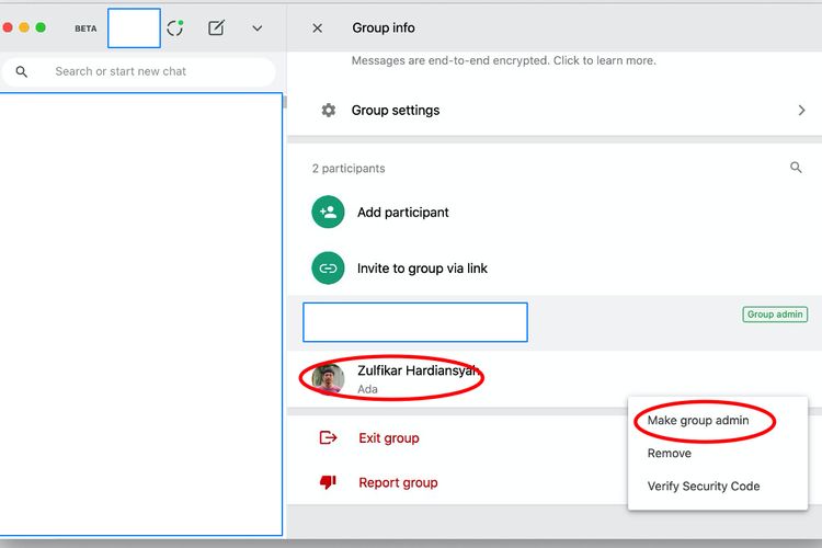 Ilustrasi cara menambahkan admin baru grup WA via laptop