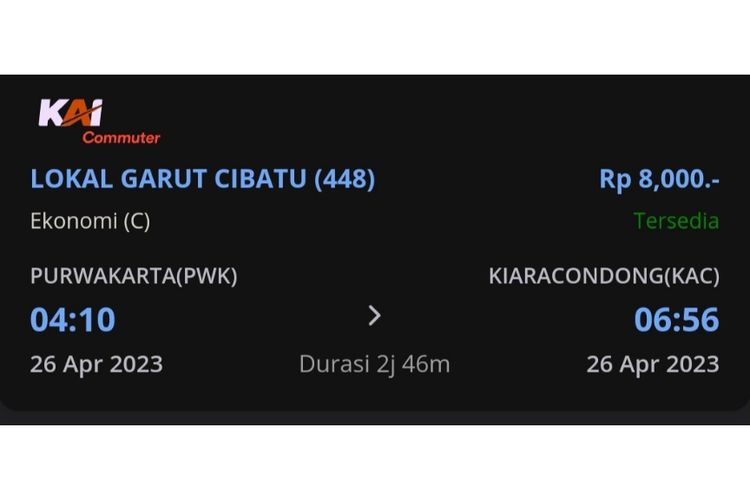 Tangkap layar menu pemesanan kereta api Cibatu di aplikasi KAI Access.