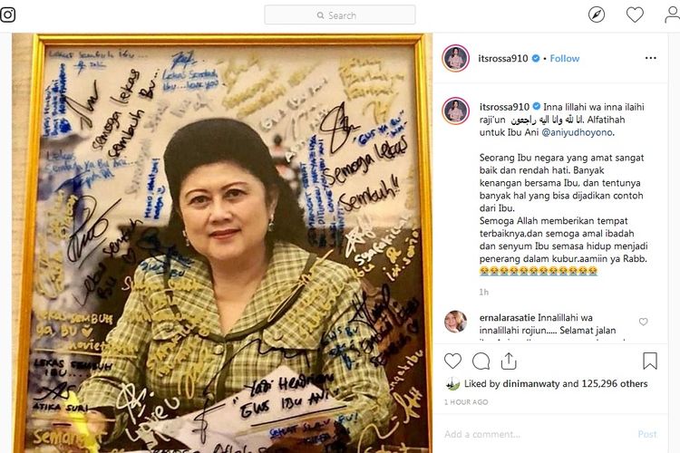 Bidik layar postingan Instagram Rossa yang mengucapkan belasungkawa untuk mendiang Ani Yudhoyono.
