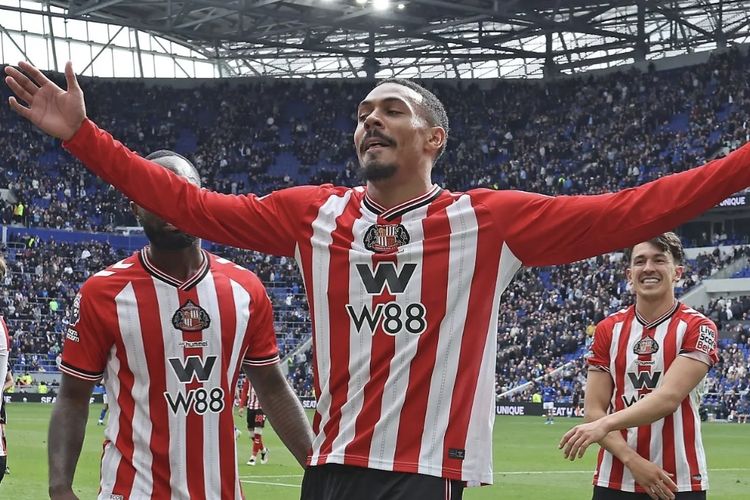 Selebrasi Wilson Isidor dalam laga pekan ke-37 Liga Inggris 2025-2026 Everton vs Sunderland di Stadion Hill Dickinson, Minggu (17/5/2026).