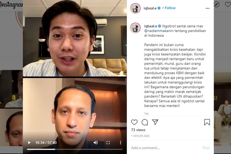 Nadiem Makarim dan Iqbaal Ramadhan IG Live