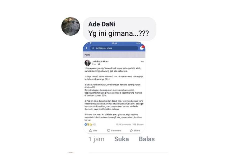 Status pengguna Facebook yang menyebutkan bahwa bantuan untuk korban gempa Lombok ditahan oleh oknum lembaga tertentu.