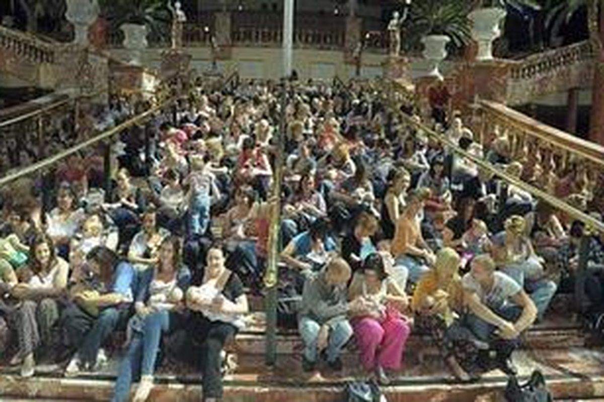 Flashmob! Hundreds of mothers and their infants descend on The Grand Staircase at The Trafford Centre in Manchester today  