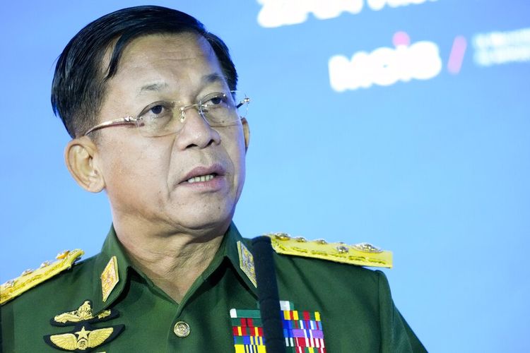 Commander-in-Chief of Myanmar's armed forces, Senior General Min Aung Hlaing delivers his speech at the IX Moscow conference on international security in Moscow, Russia, Wednesday, June 23, 2021. (AP Photo/Alexander Zemlianichenko, Pool)