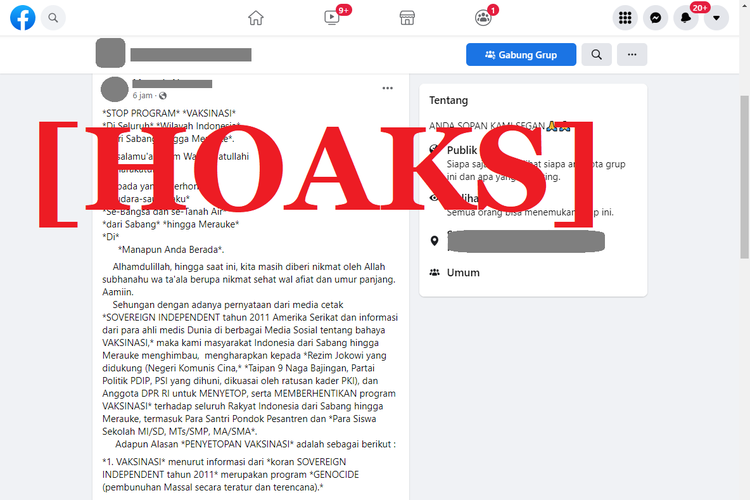 Tangkapan layar hoaks di sebuah akun Facebook, yang menyebut bahwa vaksinasi adalah bentuk genosida dan menyebabkan mandul.
