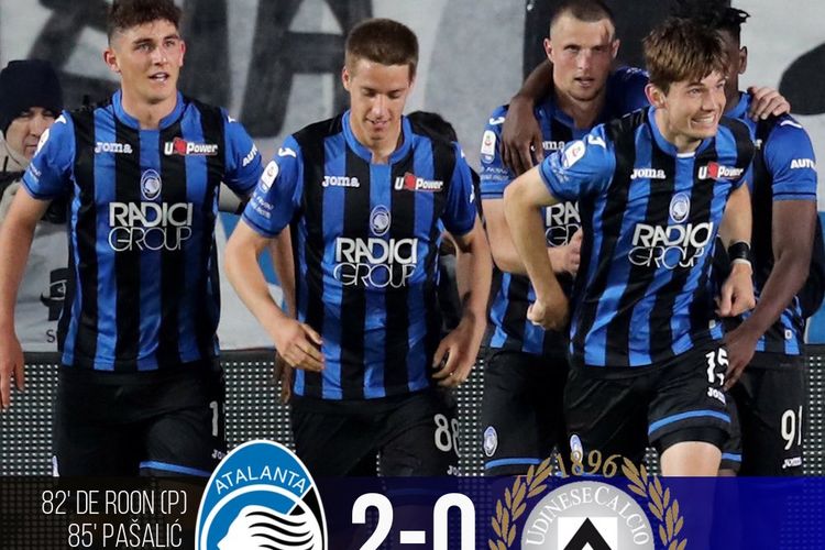 Para pemain Atalanta merayakan kemenangan atas Udinese dalam lanjutan Liga Italia, 29 April 2019. 