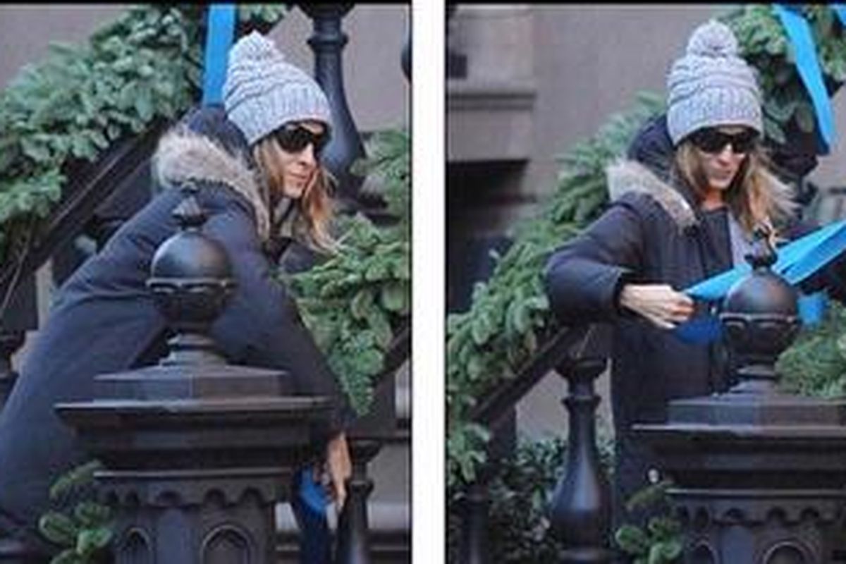 Sarah menghiasi tangga menuju rumahnya dengan dahan-dahan cemara serta pita berwarna biru. Di ujung tangga, ia juga menempatkan pohon cemara berukuran sedang.