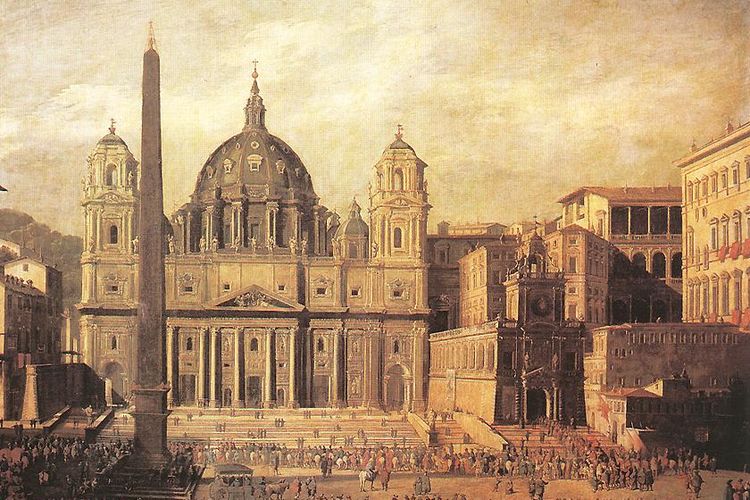 Ilustrasi Basilika Santo Petrus sesaat setelah selesai dibangun pada awal abad ke-17.