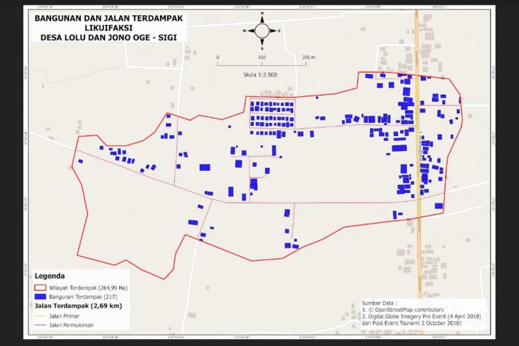 Likuefaksi yang terjadi di perbatasan Desa Jono Oge dan Desa Lolu.