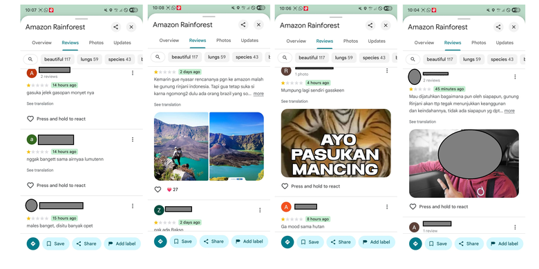 Tangkapan layar Hutan Amazon yang mendapat rating bintang 1 dari warganet Indonesia, diduga sebagai balasan atas rating bintang 1 untuk Gunung Rinjani.