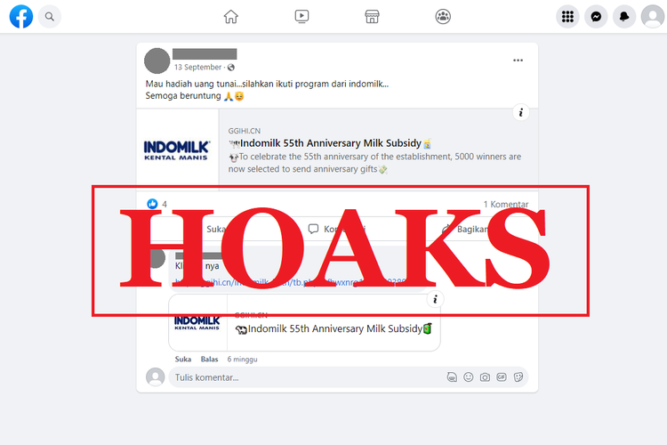 Tangkapan layar unggahan dengan narasi hoaks di sebuah akun Facebook, Selasa (13/9/2022), soal tautan menawarkan subsidi susu dalam rangka HUT ke-55 Indomilk.
