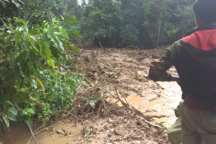 Lokasi tanah longsor yang menimbun lima orang warga di Kecamatan Gunung Gare Muara Kisam, Kabupaten Ogan Komering Ulu (OKU) Selatan, Sumatera Selatan, Jumat (15/5/2020). Akibat kejadian tersebutm satu orang tewas karena tertimbun longsor.