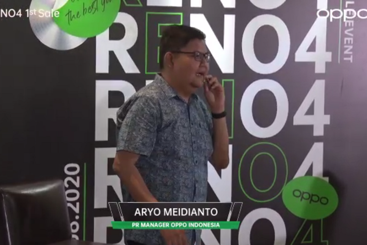 Tangkapan layar PR Manager Aryo Meidianto dalam acara konferensi pers penjualan perdana Reno4 yang disiarkan secara online melalui Zoom.
