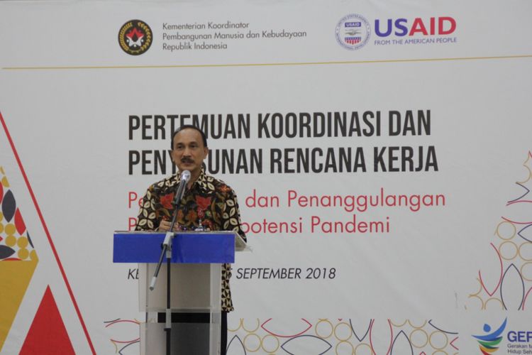 Deputi Peningkatan Kesehatan Kemenko PMK Sigit Priohutomo Sigit dalam Pertemuan Koordinasi dan Penyusunan Rencana Kerja Pencegahan dan Penanggulangan Penyakit Berpotensi Pandemi, di Jakarta, Rabu (5/9/2018).