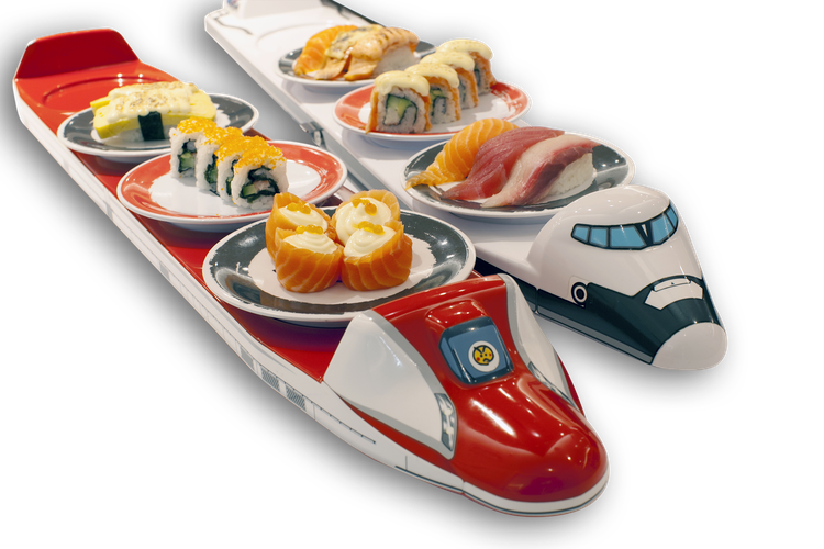 Ilustrasi kereta genki sushi. 