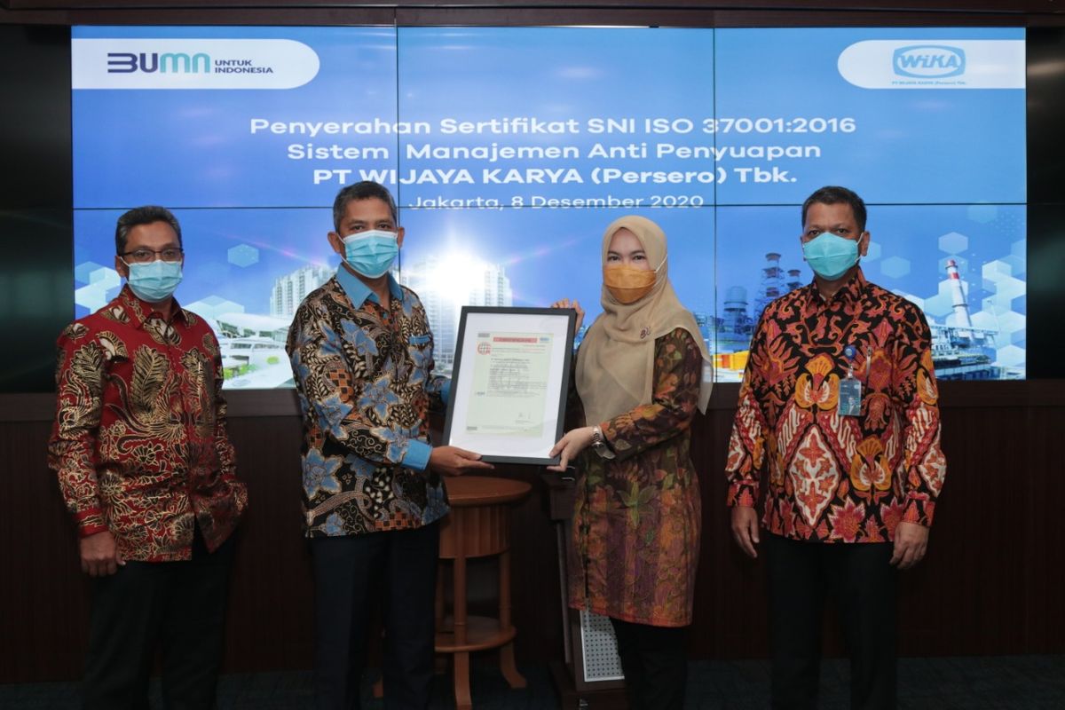 PT Wijaya Karya (Persero) Tbk resmi memperoleh Sertifikat Manajemen Anti Penyuapan (SMAP) ISO 37001:2016 dari Sucofindo International Certification Services (SICS).

