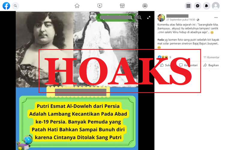 Tangkapan layar unggahan dengan narasi hoaks di sebuah akun Facebook, Selasa (27/9/2022), mengenai Putri Esmat Al-Dowleh dari Persia menolak pria dan membuat mereka bunuh diri.