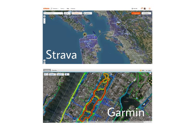 Tampilan fitur Heatmap milik Strava dan Garmin.