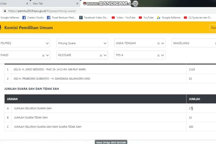 Screenshoot situng perolehan suara paslon calon presiden dan wakil presiden di TPS 4  Desa Rejosari, Kecamatan Pakis, Kabupaten Magelang, pada laman KPU, Jumat (26/4/2019)