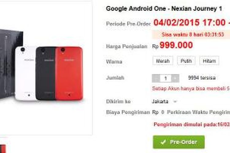 Situs belanja mulai membuka pemesanan ponsel Android One dari Nexian dengan harga kurang dari Rp 1 juta.