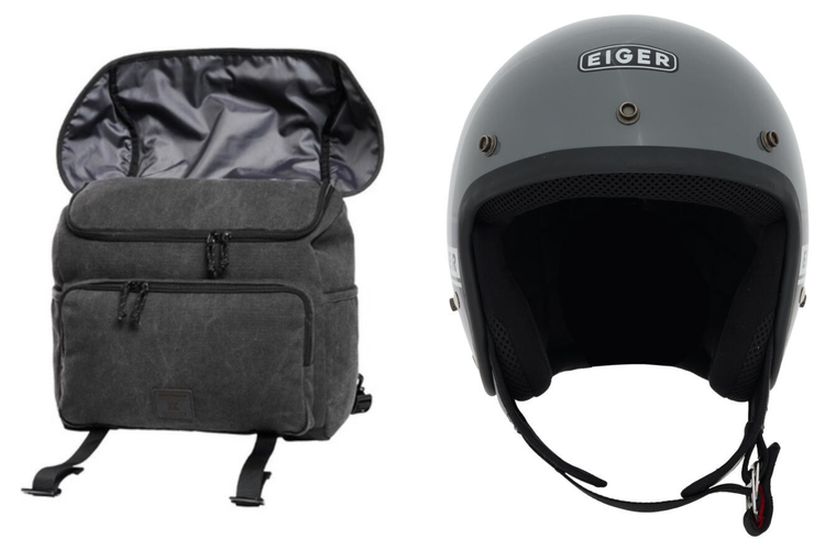 Produk tas motor Intruzione (kiri) dan helm Ecopolis (kanan) dalam koleksi RK Series dari Eiger Adventure. Koleksi limited edition ini terinspirasi dari mantan Gubernur Jawa Barat, Ridwan Kamil.