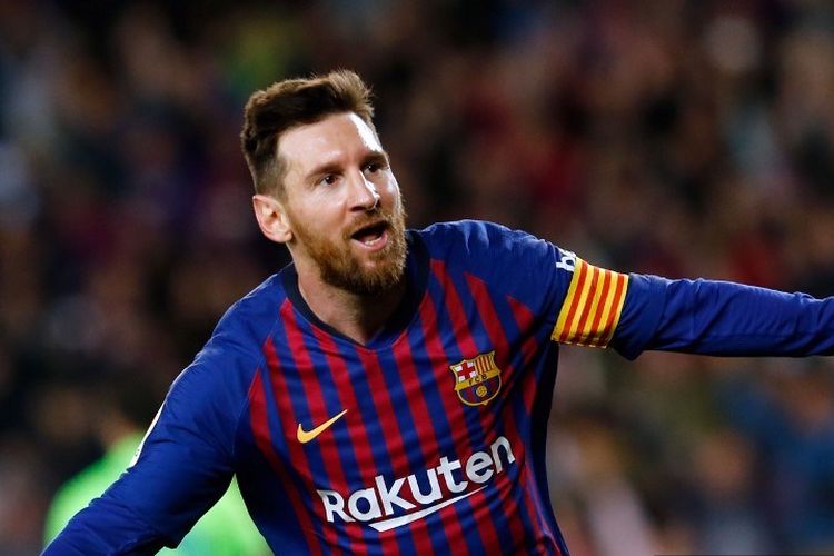 Gol Lionel Messi pada laga Barcelona vs Levante di Stadion Camp Nou dalam lanjutan La Liga mengantarkan timnya menjadi juara Liga Spanyol, 27 April 2019.  