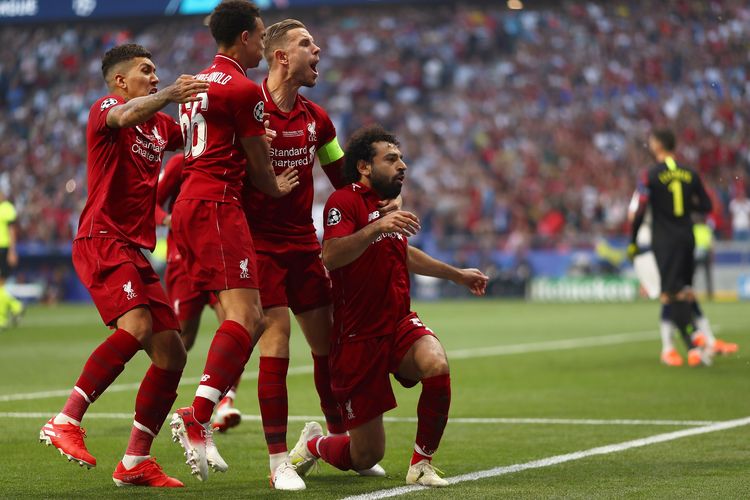 Mohamed Salah merayakan gol yang baru dia lesakkan ke gawang Tottenham Hotspur di laga final Liga Europa 2019, di Wanda Metropolitan Stadium, Madrid, Spanyol, pada 1 Juni 2019.