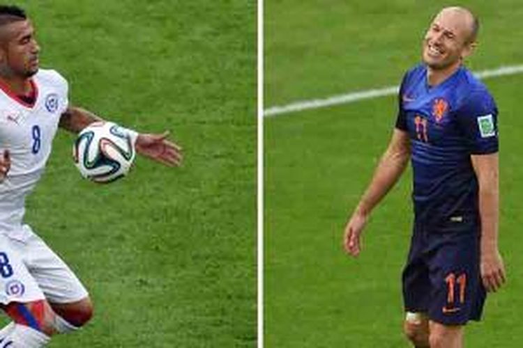 Kombinasi foto yang memperlihatkan aksi penyerang Belanda, Arjen Robben (kanan), pada 18 Juni 2014 di Beira-Rio Stadium di Porto Alegre, dan gelandang Cile Arturo Vidal pada 18 Juni 2014 di Maracana Stadium Rio de Janeiro.