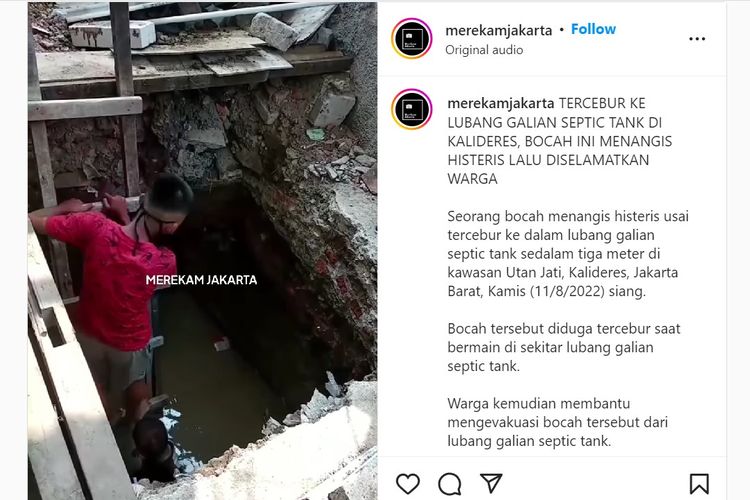 Seorang bocah menangis usai tercemplung ke dalam lubang galian septic tank di Utan Jati, Kalideres, Jakarta Barat, Kamis (11/8/2022) siang.