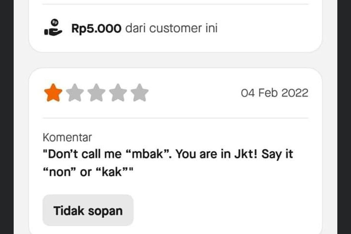 Tangkapan layar driver Gojek diberi bintang 1 karena memanggil pelanggannya dengan sebutan Mbak.