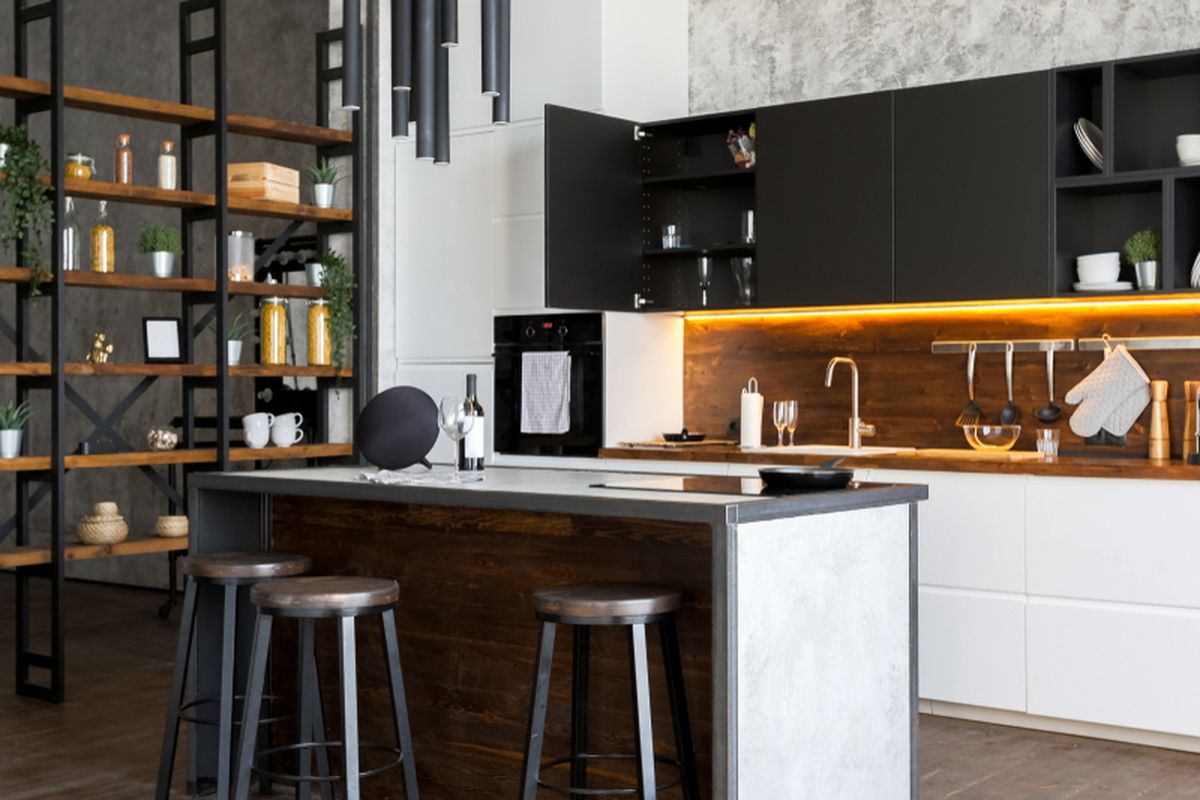 Ilustrasi dapur industrial, dapur bergaya industrial. 